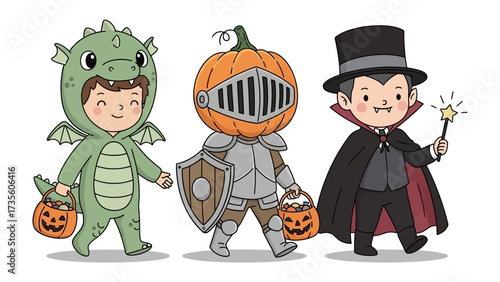Spooky Squad's Parade: A trio of young children, each in a unique costume - a dragon, a pumpkin knight, and a vampire - march with a whimsical air, bucket in hand, ready to collect candies.