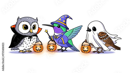 Spooky Bird Trio: An owl, hummingbird and ghost bird prepare for tricks or treats during Halloween, each costumed in creative and festive apparel.