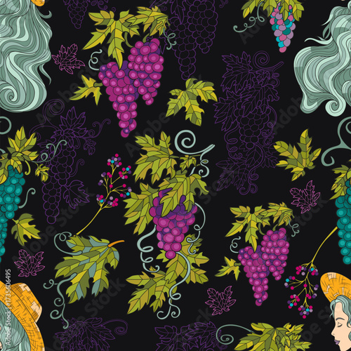 Colorful seamless pattern with ripe grape berries and portrait of beautiful girl against black background for fabric, wallpaper, scrapbooking. Cartoon vector illustration