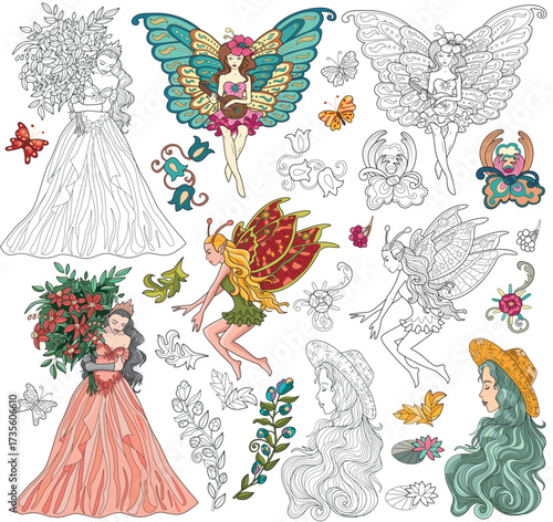 Fantasy design set with beautiful fairy Elf princess and floral elements. Vector line art illustrations for clipart, stickers, coloring book isolated on white background. 