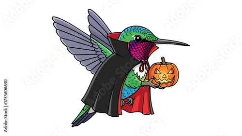 Hummingbird in Costume for Halloween: A whimsical illustration of a hummingbird dressed as a vampire for Halloween, holding a carved pumpkin.