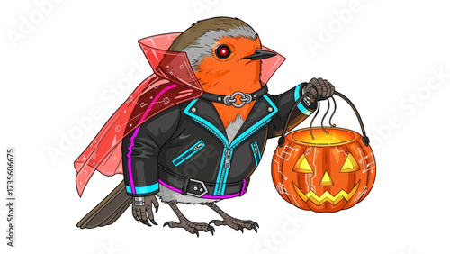 Halloween Avian: A delightful cartoon robin dressed in a black leather jacket and a vampire cape, clutching a glowing jack-o'-lantern, inviting a sense of whimsical charm.