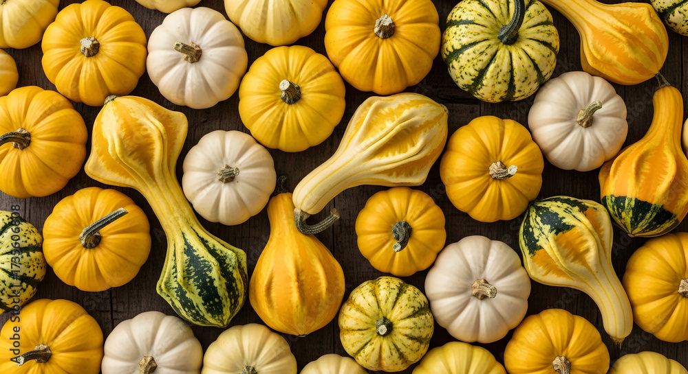 Fototapeta premium A vibrant halloween harvest display with diverse gourds and pumpkins. Autumnal flat lay background for fall season celebrations.