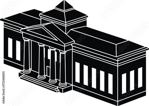 Black and white isometric illustration of a classical building