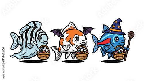 Halloween Fantasy Fish Trio: A trio of whimsical fish dressed up for Halloween. One is a ghost, one a bat, and the other a wizard holding a basket full of treats.