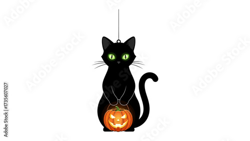 Black Cat and Glowing Pumpkin: A stylized black cat with glowing green eyes holding a carved pumpkin, embodies the festive spirit of Halloween. Its a symbol of mischief and fun.