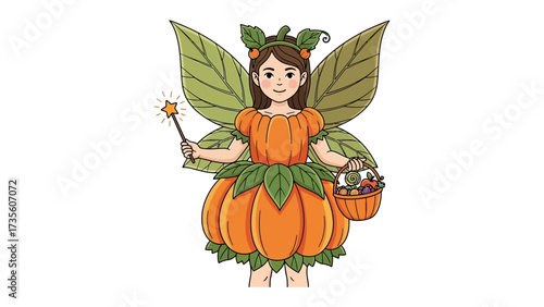 Enchanting Pumpkin Fairy: A whimsical fairy with a pumpkin-themed costume. She stands gracefully, holding a magic wand in one hand and a basket in the other, a touch of magic and enchantment.