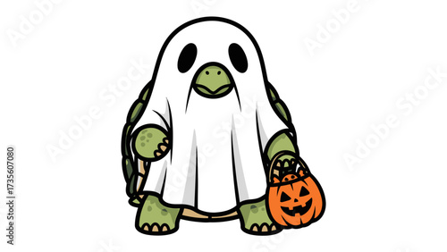Ghostly Turtle's Spooky Halloween Adventure: A charming, illustrated turtle dons a whimsical ghost costume, brandishing a jack-o'-lantern treat bag for Halloween night, brimming with festive spirit!