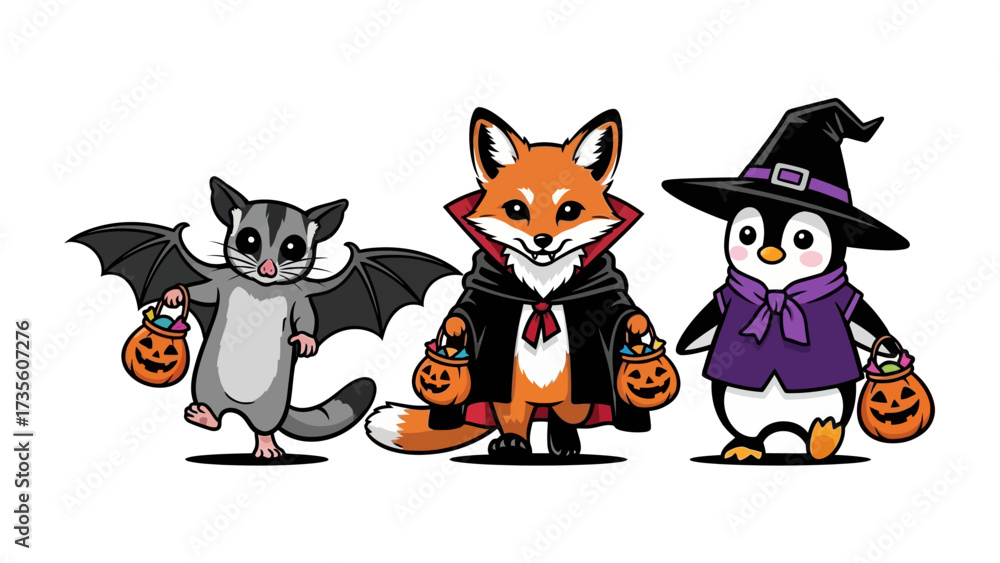 Obraz premium Halloween Crew's Treat Adventure: A trio of charming animal characters dons their spookiest Halloween costumes and proudly hold their candy pumpkins. An adorable sugar glider, a cunning fox.