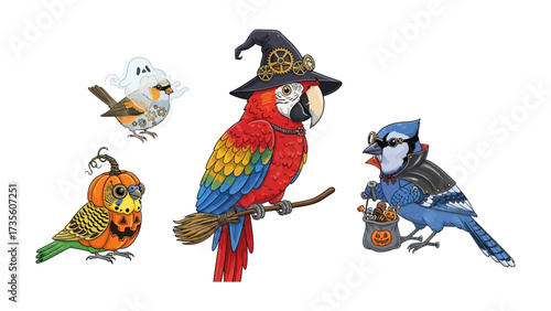 Halloween Avian Assembly: A whimsical gathering of animated birds dressed in Halloween costumes, each character uniquely designed with intricate details, celebrating the spooky spirit.