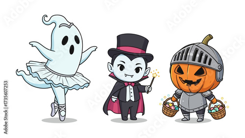 Whimsical Halloween Trio: A delightful cartoon illustration features a ghostly ballerina, a charming vampire, and a knighted pumpkin, each radiating the enchantment of Halloween.