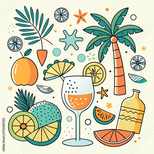 Colorful doodle illustration of tropical drinks, citrus fruits, palm leaves, and summer vibes