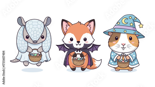 Whimsical Trio of Halloween Creatures: An adorable armadillo, fox, and guinea pig in charming Halloween costumes, each clutching a basket filled with treats.