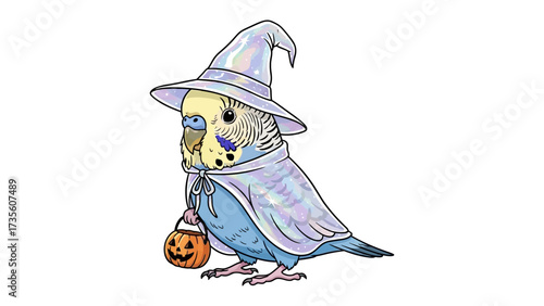 Whimsical Halloween Budgie in Costume: A charming budgie bird, decked out in a captivating witch costume with a shimmering hat and cape, playfully clutching a Halloween pumpkin basket.