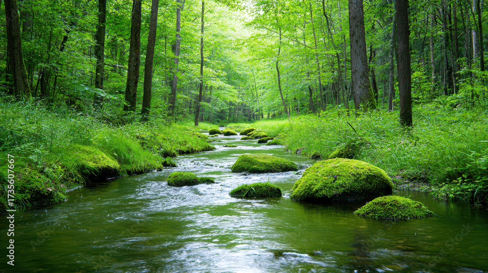 Obraz premium Serene forest stream flows gently through lush greenery, with moss covered rocks dotting water edge, creating peaceful natural scene