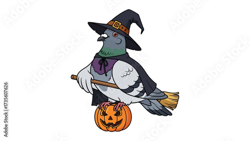 Halloween Pigeon Illustration: A whimsical illustration of a pigeon decked out in a witch's hat and cloak, clutching a broom, with a jack-o'-lantern at its feet.