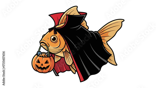 Halloween Goldfish: A playful illustration of a goldfish adorned in a vampire costume, holding a pumpkin treat bag, is ready to spread festive cheer