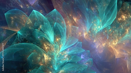 Abstract Floral Digital Art With Glowing Turquoise And Gold Petals