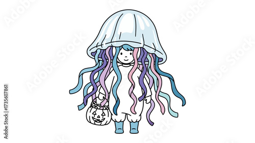 Spooky Jellyfish Costume: A charming illustration of a child in a whimsical jellyfish costume, ready for some trick-or-treating fun!