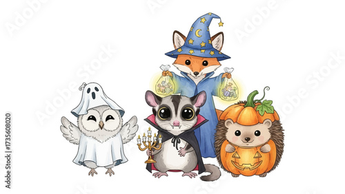 Spooky Companions: An enchanting illustration brings together a cast of whimsical characters, dressed in their spookiest attire.  A ghostly owl, vampire sugar glider, wizard fox.