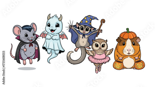 Whimsical Halloween Ensemble: A captivating gathering of adorable cartoon animals adorned in festive Halloween costumes. Each character radiates charm and playful spirit.