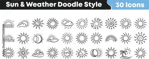 Sun and weather doodle icons set with sunshine cloud rain storm rainbow climate forecast nature hand drawn collection
