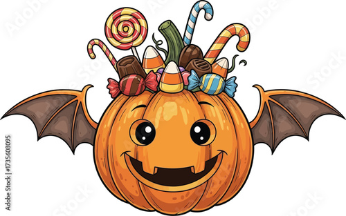 Cartoon halloween pumpkin with bat wings and candy is ready for trick or treat