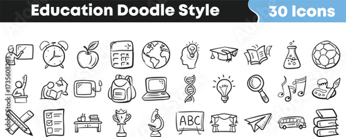 Hand drawn education doodle icon set with school learning objects study supplies academic sketch style illustration