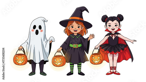 Spooky Halloween Trio: An endearing illustration of Halloween, featuring a cute ghost, a witch, and a vampire, each holding a jack-o'-lantern basket filled with treats