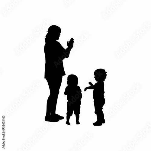 Silhouette of a caregiver teaching toddlers to clap rhythmically isolated on white background