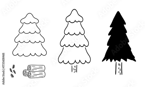 もみの木 ,雪,薪_手書きイラスト,ベクター_線画｜Fir Tree, Snow, Firewood_Hand-Drawn Vector_Line Art