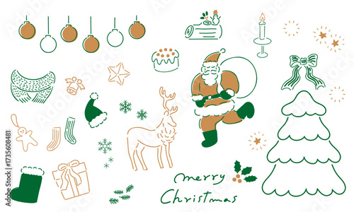 メリークリスマス！手書きイラストセット,ベクター グリーン＆ゴールド｜Merry Christmas!_Hand-Drawn Vector Illustration Set_Green & Gold
