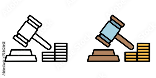 Legal gavel and stacked coins icon set