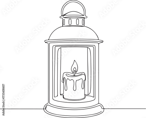 Continuous line drawing of vintage lantern with candle