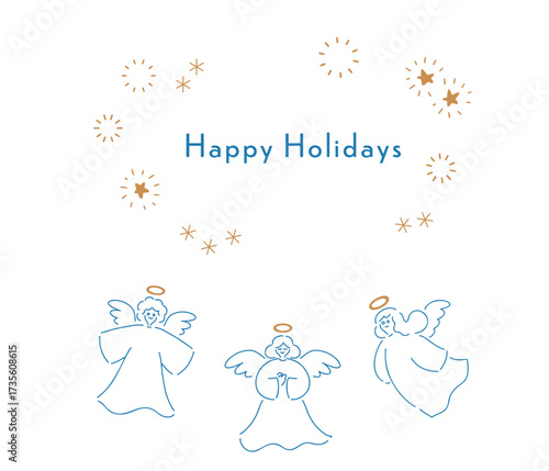 Happy Holidays,クリスマスの天使_手書きイラスト,ベクター_ カラー｜Happy Holidays, Christmas Angels_Hand-Drawn Vector_Color