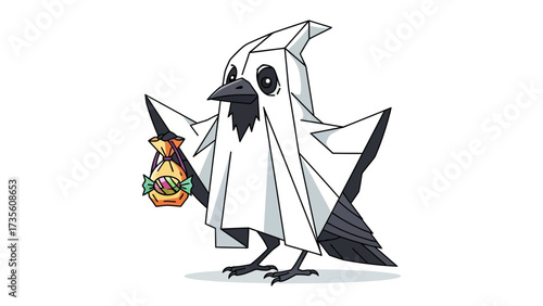 Spooky Raven's Halloween: An illustration featuring a stylized raven, enveloped in a ghostly white sheet and holding a bag of treats, embodies the spirit of the season.