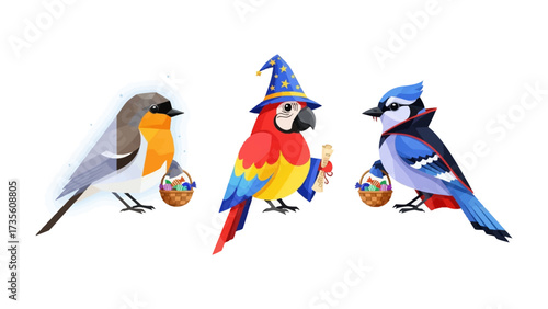 Avian Trio: A whimsical illustration of three charming birds, each in unique attire. Capturing creativity, fantasy, and artistic charm. 