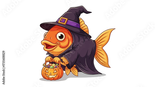 Halloween Fish: An adorable illustration depicts a cheerful goldfish in a witch costume holding a jack-o'-lantern candy basket, capturing the festive spirit.