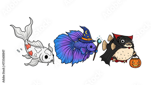 Magical Aquatic Friends: A whimsical illustration showcases three enchanting fish characters, each adorned with delightful attire and brimming with personality.