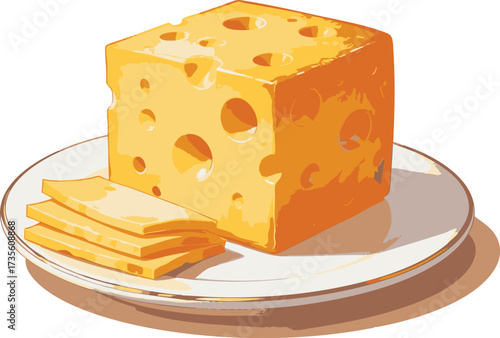 A block of Swiss cheese with holes and slices on a plate.