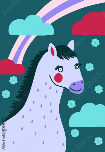 Playful vector illustration of a horse under a rainbow with clouds, raindrops, snow, and flowers. Designed in a naive, childlike flat style with muted winter shades of green, pink, red, and lilac. 