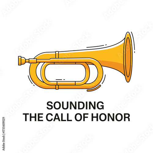 Golden bugle horn with sound waves brass instrument