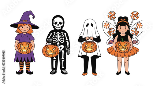 Halloween Costume: A delightful illustration of four children in vibrant Halloween costumes holding Jack-o'-lanterns. Each child embodies classic Halloween characters.