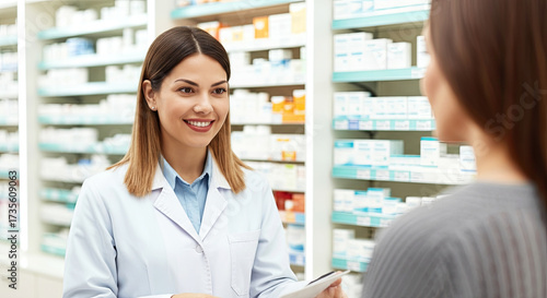 Female pharmacist in white coat is consulting with a customer in a pharmacy, surrounded by shelves filled with various medications and health products, showcasing professional service and care Free Download Female pharmacist in white coat is consulting with a customer in a pharmacy, surrounded by shelves filled with various medications and health products, showcasing professional service and care - GFXLoad