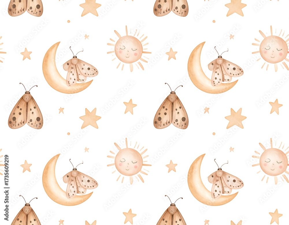 Fototapeta premium Pastel watercolor pattern of moons, suns, stars, and moths