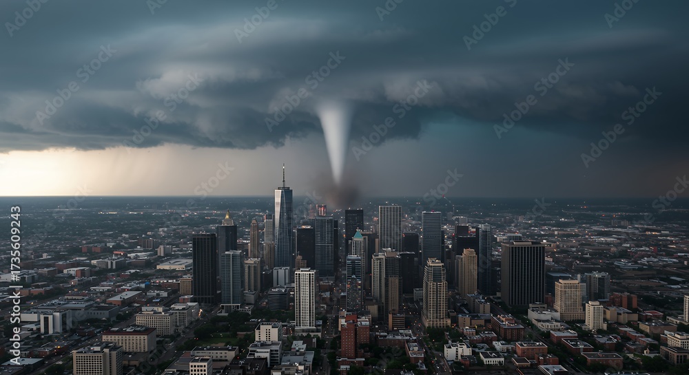 Fototapeta premium Cityscape under ominous storm clouds with buildings and dynamic sky scene