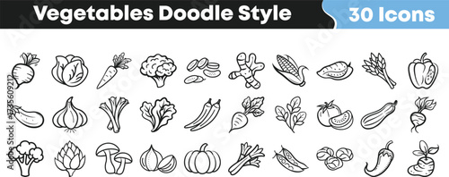 Vegetables doodle icons set with healthy food organic farming nutrition agriculture fresh market hand drawn collection