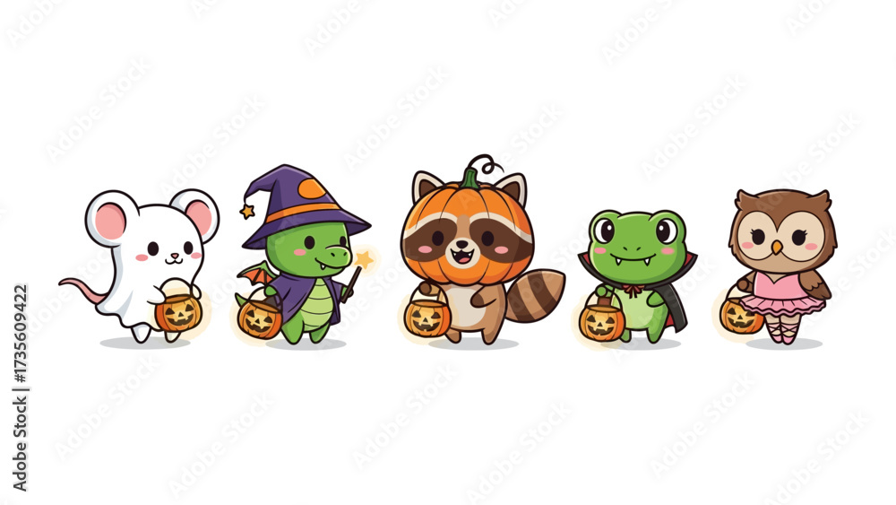 Naklejka premium Trick-or-Treat Friends: A charming scene showcasing adorable cartoon animals dressed in festive Halloween costumes, filled with the spirit of the season and ready to collect treats. 