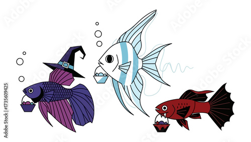 Whimsical Marine Creatures: A delightful gathering of stylized marine creatures with playful aesthetics, each holding a treat. This image captures a scene full of fun.