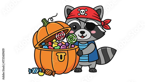 Halloween Bandit: A cartoon raccoon, dressed as a pirate, peers curiously at a pumpkin treasure chest brimming with candies. A lighthearted depiction of a festive scene for Halloween.